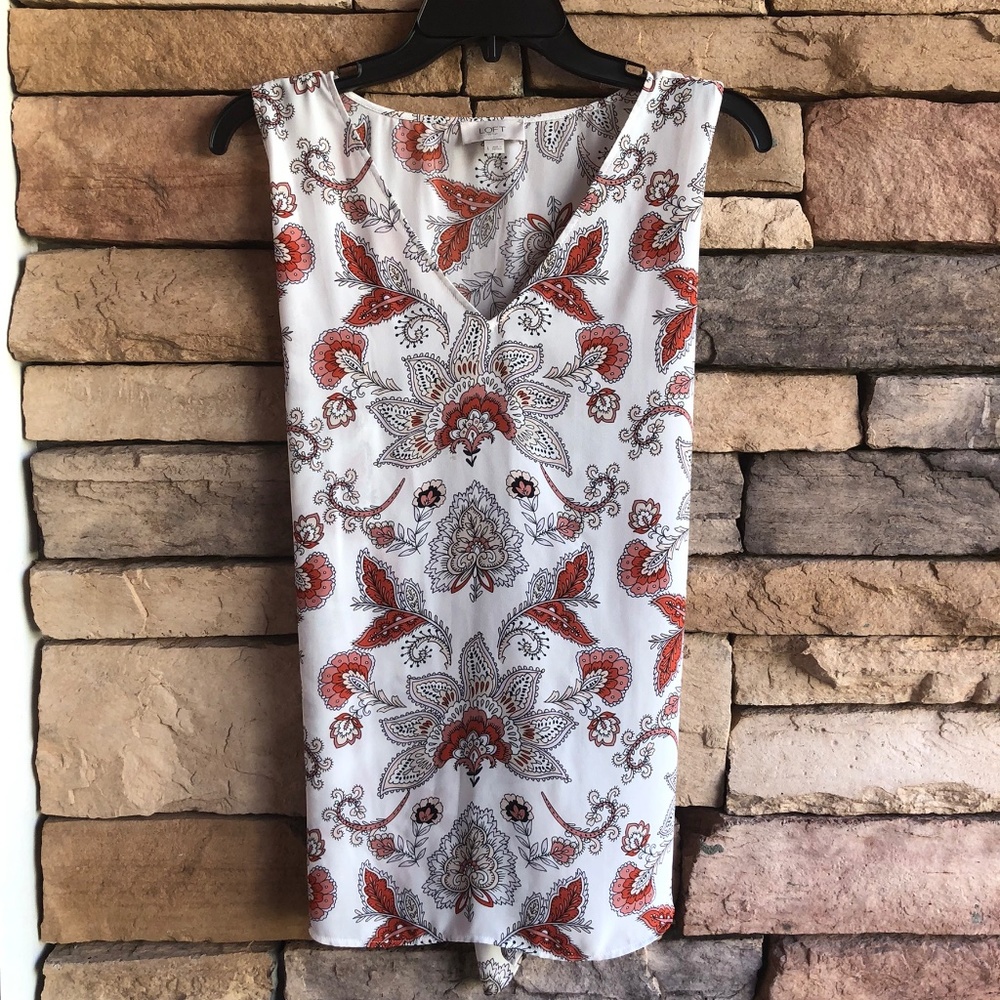 LOFT white floral print sleeveless tie blouse top Large Like New